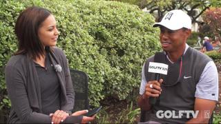 Tiger Woods is interviewed by Henni Zuel of Discovery’s GOLFTV, a subscription OTT service carrying PGA Tour action outside the U.S. 