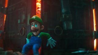 Luigi tries to hold off an army of Dry Bones in The Super Mario Bros. Movie