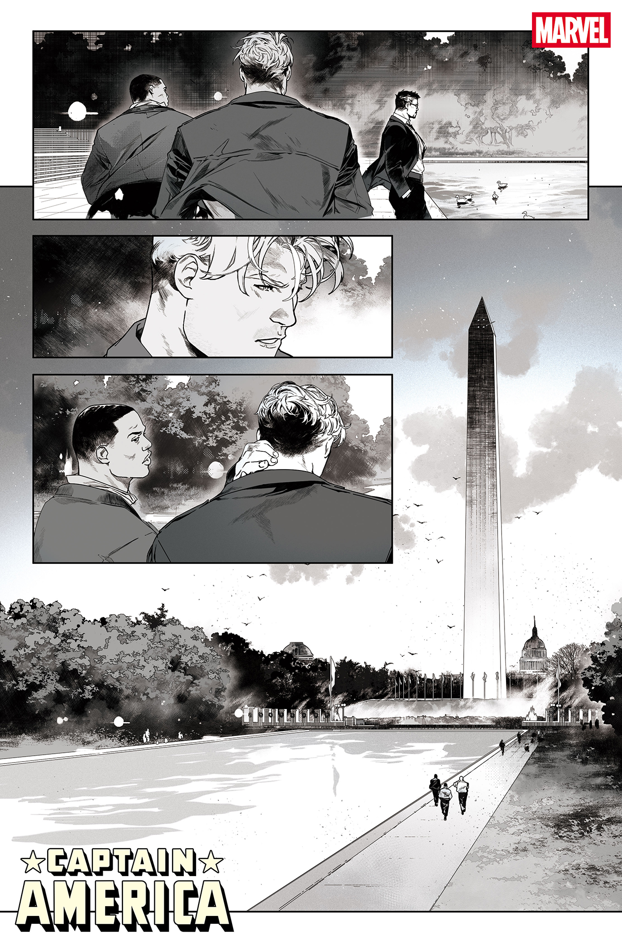 Steve Rogers and Sam Wilson walking around the Washington Monument