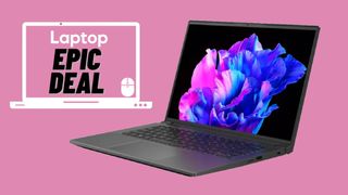 Acer Swift X 14 laptop against pink background with epic deal text.