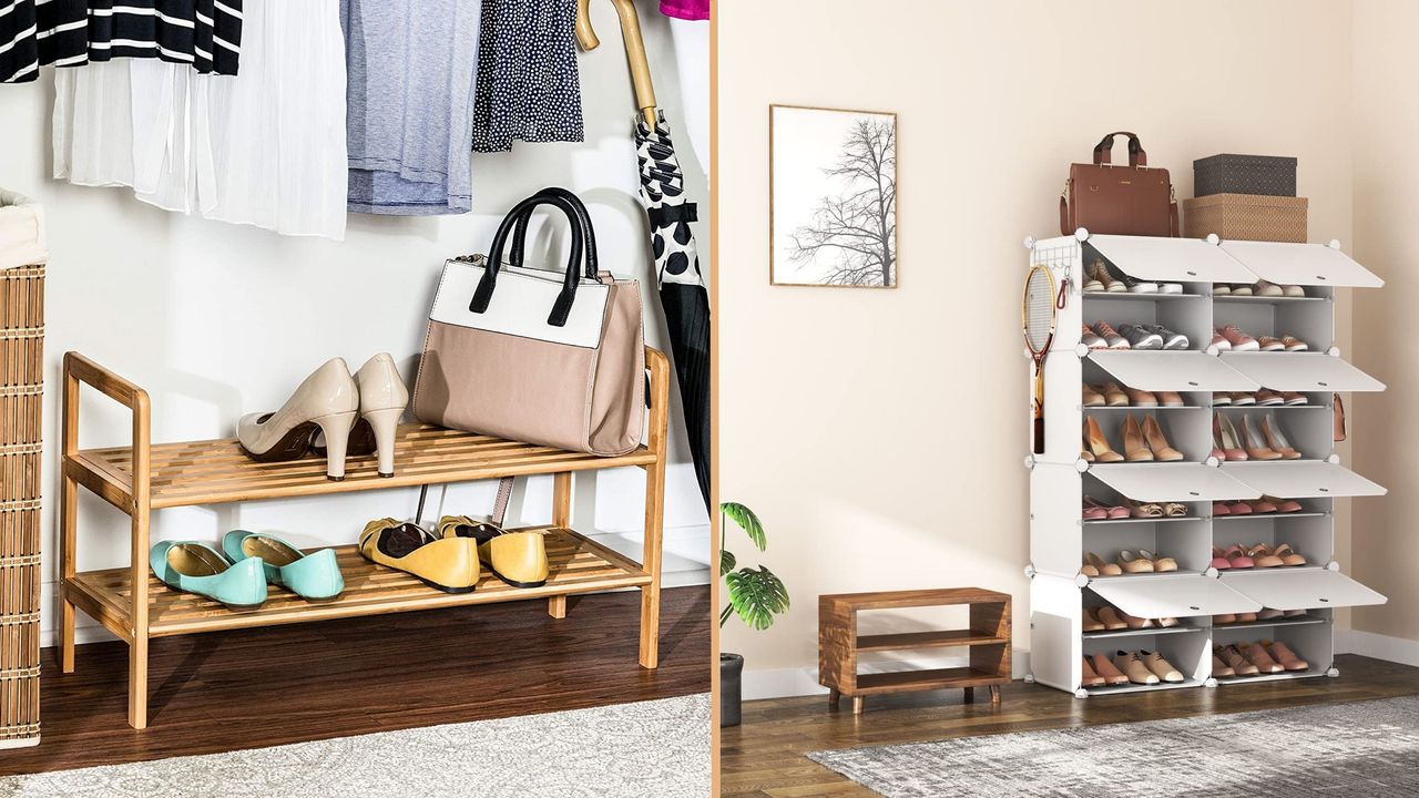 One bamboo shoe rack in a closet with shoes and handbag on, another shoe rack system in entryway filled with shoes from Amazon