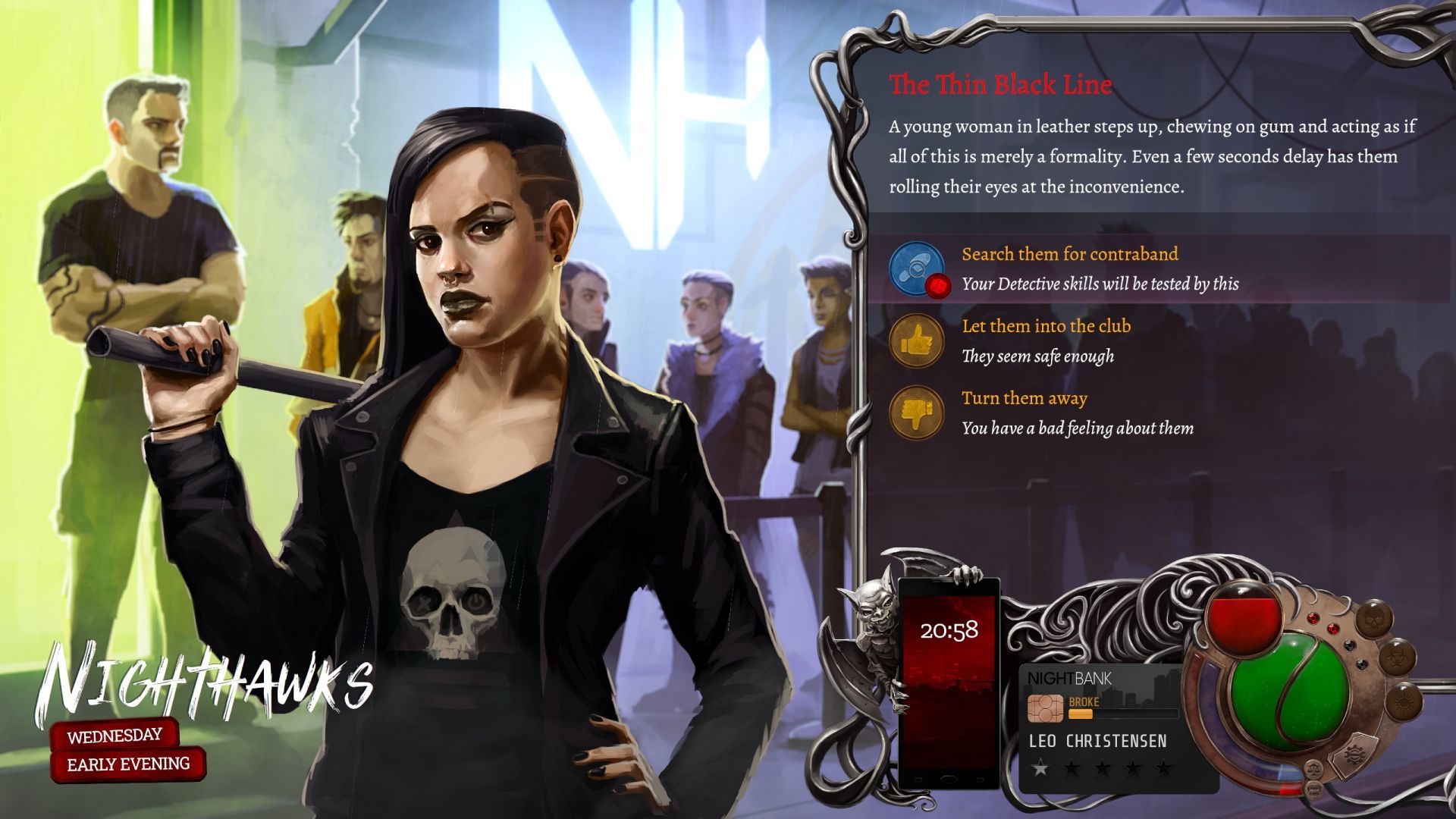 A woman in a leather jacket and skull top holds a baseball bat over her shoulder