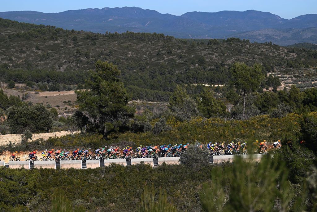 ALTURA SPAIN FEBRUARY 04 A general view of the peloton climbing to the Alto de la Cueva Santa 832m during the 74th Volta a la Comunitat Valenciana 2023 Stage 4 a 1816km stage from Burriana to Alto de la Cueva Santa Altura 832m VCV2023 VoltaValenciana on February 04 2023 in Altura Spain Photo by Dario BelingheriGetty Images