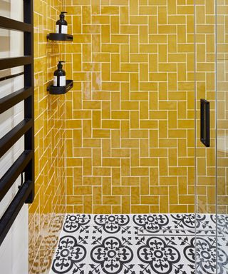 subway bathroom tile ideas with yellow tiles