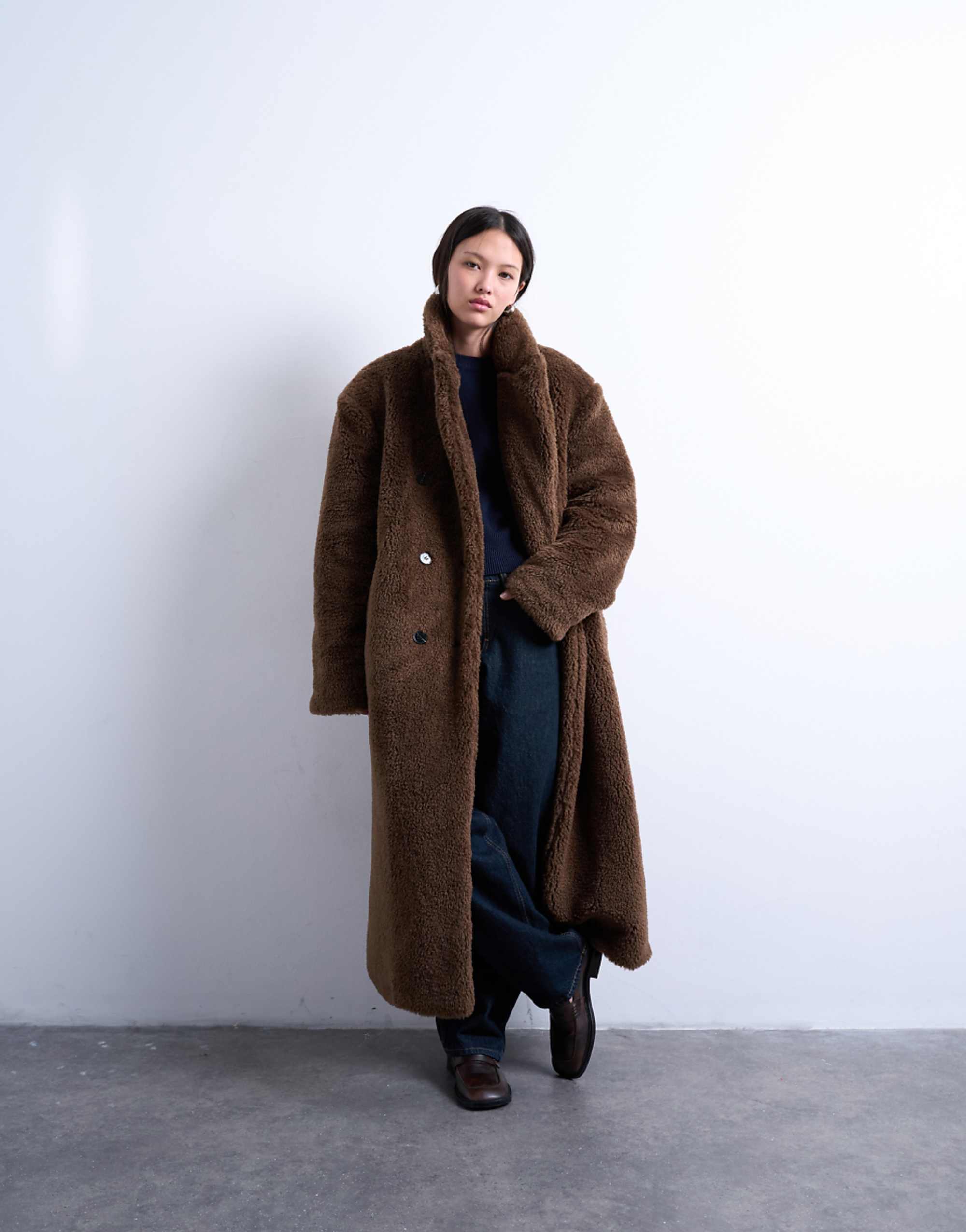 Topshop Double Breasted Borg Longline Coat in Brown