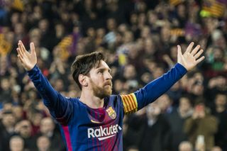 Lionel Messi celebrates a goal for Barcelona against Chelsea in the Champions league in MArch 2018.