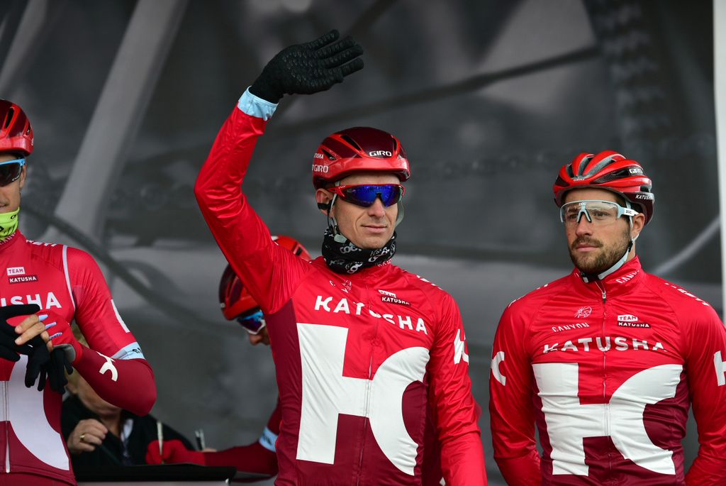 Alexander Kristoff (Katusha) waves from the podium