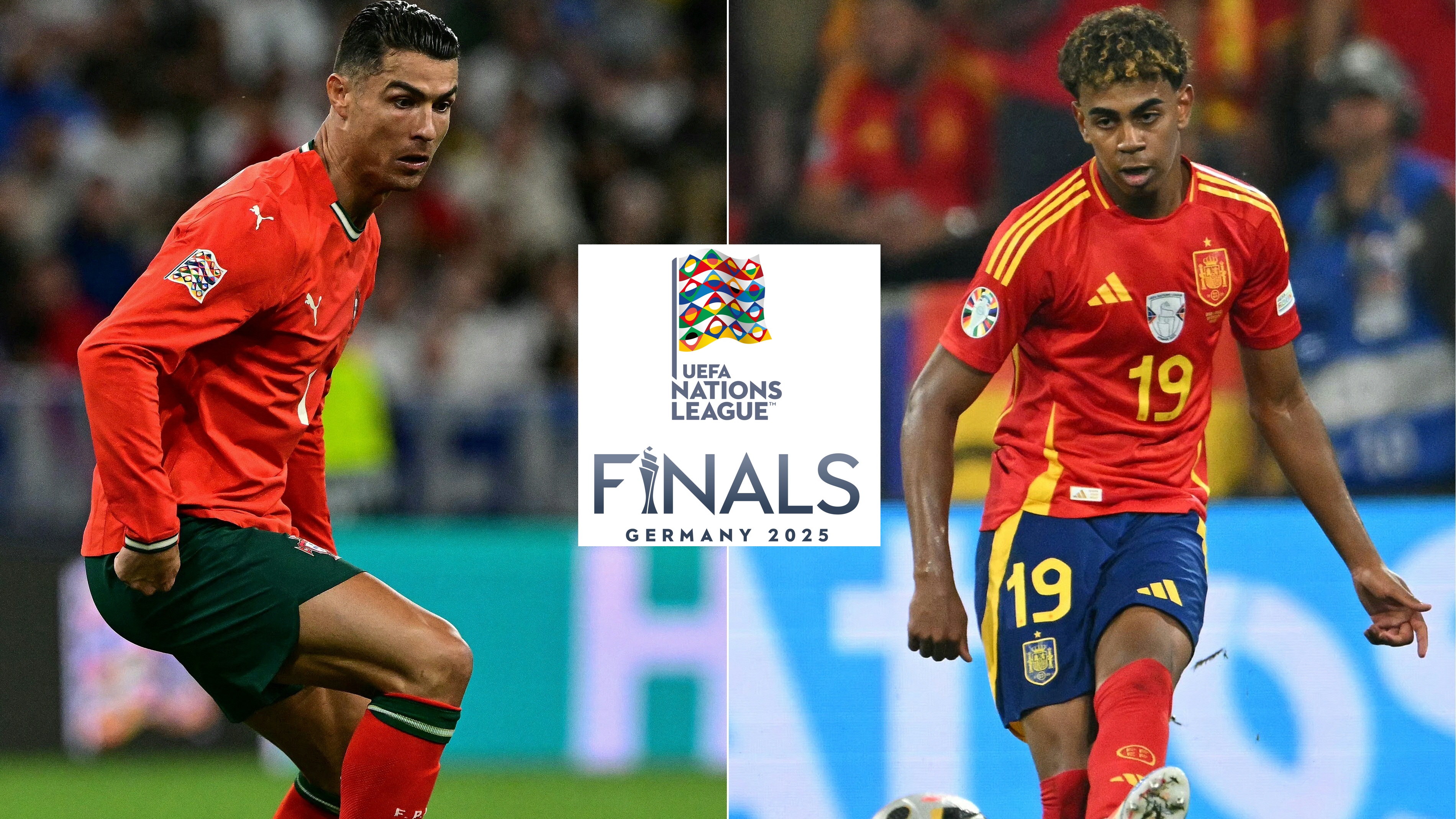 (COMBO) This combination of pictures created on June 06, 2025 shows Portugal's forward #07 Cristiano Ronaldo (L) controling the ball during the UEFA Nations League semi-final football match between Germany and Portugal in Munich, southern Germany on June 4, 2025 and Spain's forward #19 Lamine Yamal passing the ball during the UEFA Euro 2024 semi-final football match between Spain and France at the Munich Football Arena in Munich on July 9, 2024. Spain starlet Lamine Yamal said upcoming Nations League final on June 8, 2025 against Portugal would give him the chance to "prove who I am" after helping his side past France in the semis on June 5, 2025. (Photo by Tobias SCHWARZ and Fabrice COFFRINI / AFP) (Photo by TOBIAS SCHWARZ,FABRICE COFFRINI/AFP via Getty Images)