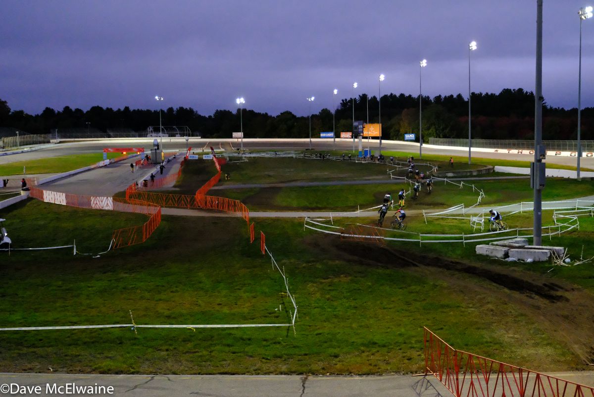 Racers under the lights of the infield of the Thompson Motor Speedway