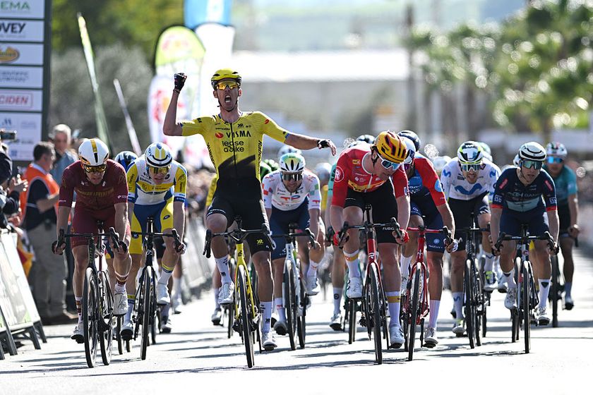 PIZARRA, SPAIN - FEBRUARY 18: Christophe Laporte of France and Team Visma | Lease a Bike celebrates at finish line as stage winner ahead of Soren Waerenskjold of Norway and Team Uno-X Mobility during the 72nd Vuelta a Andalucia Ruta Ciclista Del Sol 2026, Stage 1 a 150.1km stage from Benahavis to Pizarra on February 18, 2026 in Pizarra, Spain. (Photo by Szymon Gruchalski/Getty Images)