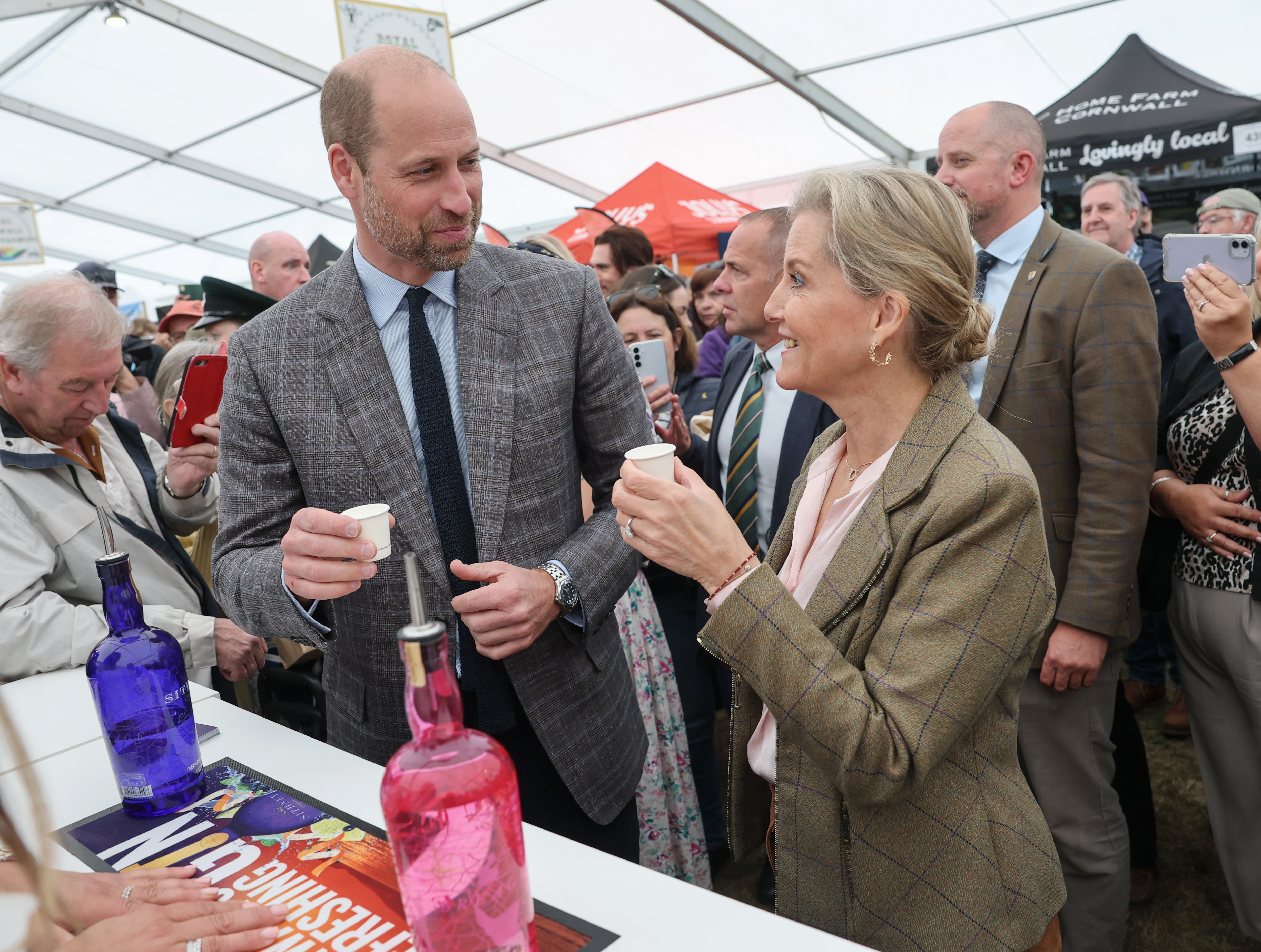 Prince William and Sophie, Duchess of Edinburgh try local Gin at the Royal Cornwall Show on June 06, 2025