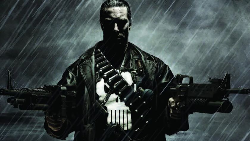 The Punisher holding two machine guns in the rain