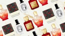 A collage of the beauty team's Christmas week perfume picks, featuring scents from Creed, Maison Francis Kurkdjian, Diptyque and Liberty London, all arranged in a diagonal line pattern and on a cream background with a gold overlay