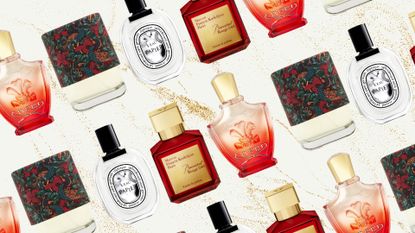 A collage of the beauty team's Christmas week perfume picks, featuring scents from Creed, Maison Francis Kurkdjian, Diptyque and Liberty London, all arranged in a diagonal line pattern and on a cream background with a gold overlay