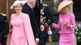 Queen Mathilde and Queen Letizia wearing pink at the coronation