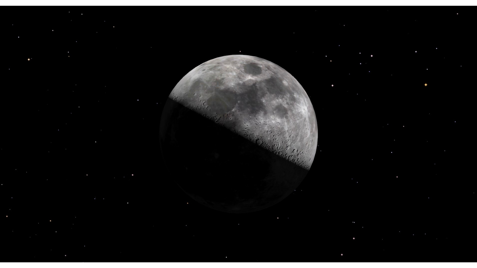 A close up of the moon at its first quarter phase showing half of the moon illuminated and the other half in darkness.