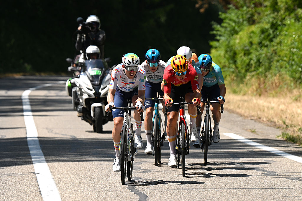 ORCIERES, FRANCE - JULY 23: (L-R) Mathis Le Berre of France and Team TotalEnergies and Jonas Abrahamsen of Norway and Team Uno-X Mobility compete in the breakaway during the 113th Tour de France 2026, Stage 18 a 185.2km stage from Voiron to Orcieres-Merlette 1825m / #UCIWT / on July 23, 2026 in Orcieres, France. (Photo by Dario Belingheri/Getty Images)