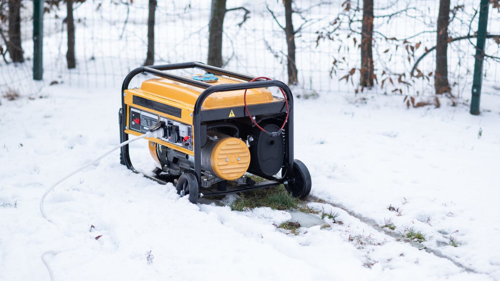 Black and yellow backup generator in a snowy yard. There are trees in the background and metal mesh fence in view.