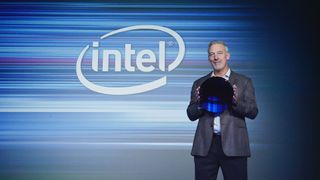 Intel's Stacy Smith holding a Cannon Lake wafer