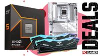 A collage image of an AMD Ryzen 5 retail box, a white Gigabyte motherboard, and a Team Group DDR5 memory kit, against a colorful background with the phrase 'Deals' on the side, above a PC Gamer logo