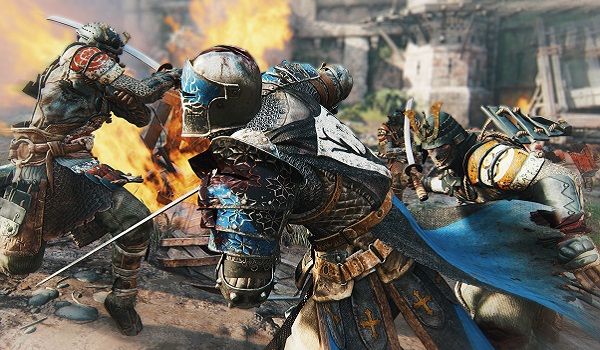 A knight battles samurai in For Honor