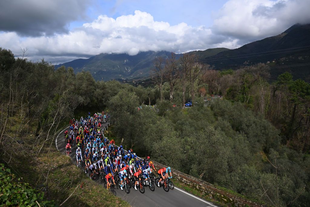 FOLLONICA ITALY MARCH 05 A general view of the peloton compete climbing to the Montemagno 212m during the 59th TirrenoAdriatico 2024 Stage 2 a 198km stage from Camaiore to Follonica UCIWT on March 05 2024 in Follonica Italy Photo by Tim de WaeleGetty Images