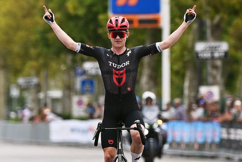 SEPTEMBER 13: Michael Storer of Australia and Team Tudor Pro Cycling celebrates at finish line as race winner during the 22nd Memorial Marco Pantani 2025 a 195.7km one day race from Cesenatico to Cesenatico on September 13, 2025 in Cesenatico, Italy. (Photo by Luc Claessen/Getty Images)
