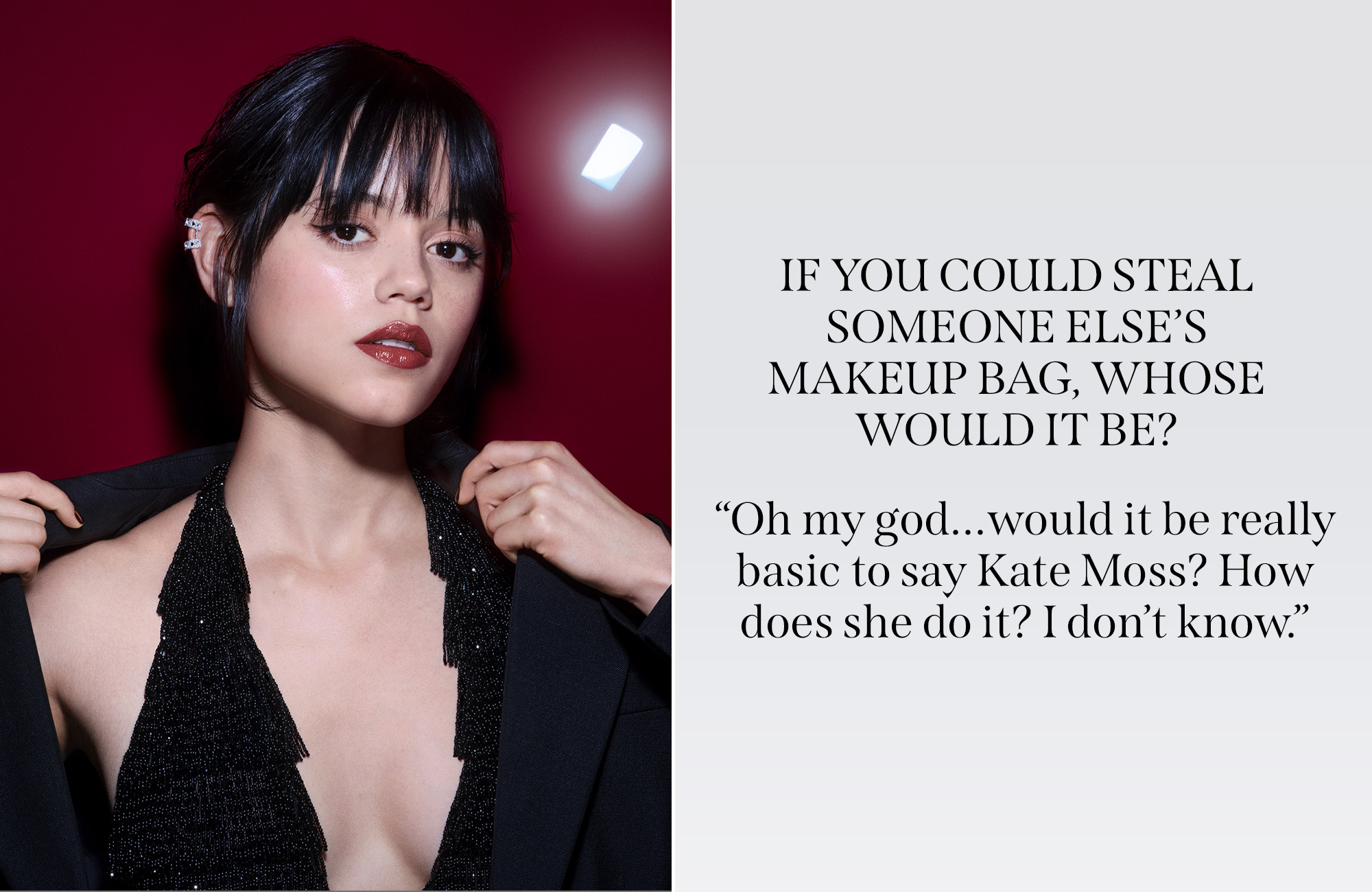 An image of Jenna Ortega staring in a Dior Beauty campaign next to a quote from an interview with Jenna Ortega
