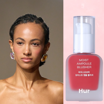 A woman with blushed cheeks and a low, braided bun next to a blush product. 