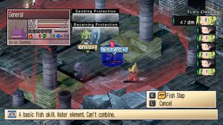 Best JRPGs - In Phantom Brave PC, the player prepares to attack a summoned enemy with a "fish slap" attack.