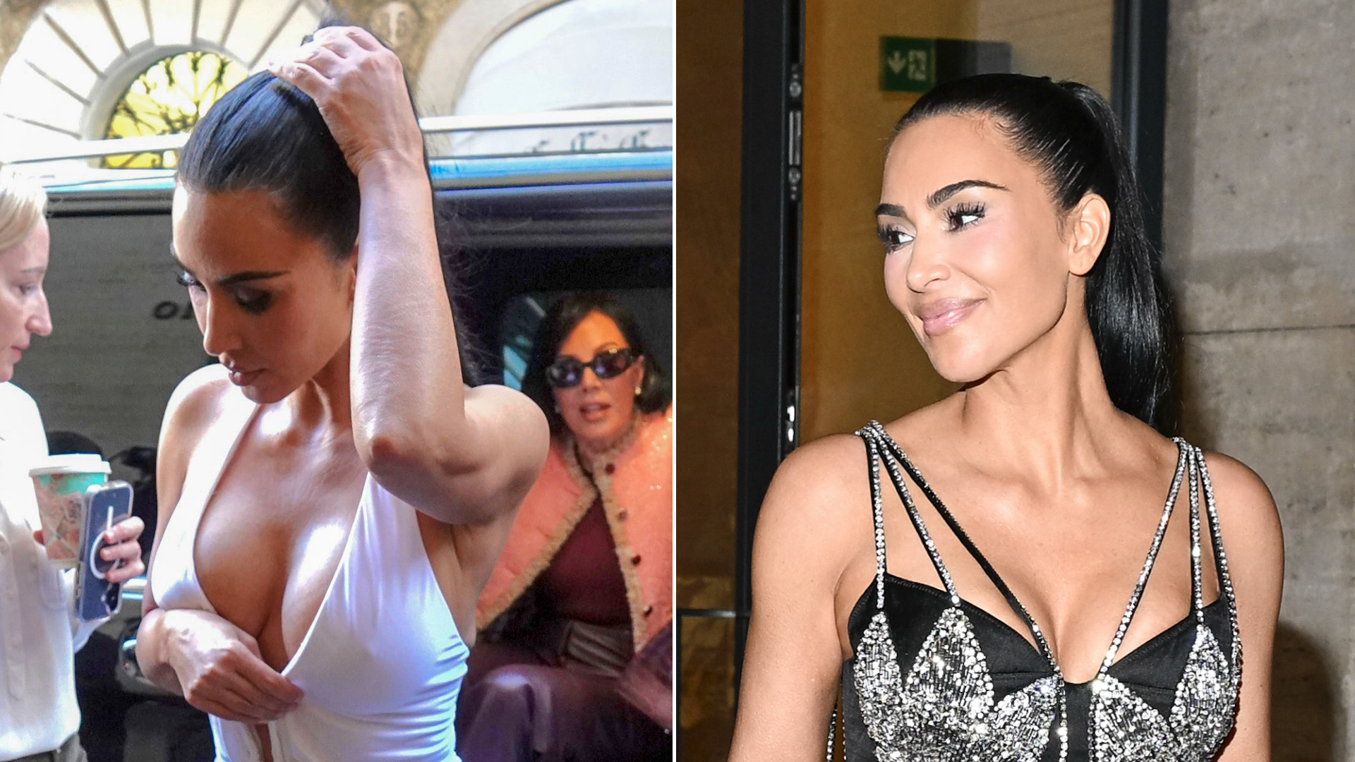 Kim Kardashian wearing a plunging white gown and a naked Erdem dress in Rome
