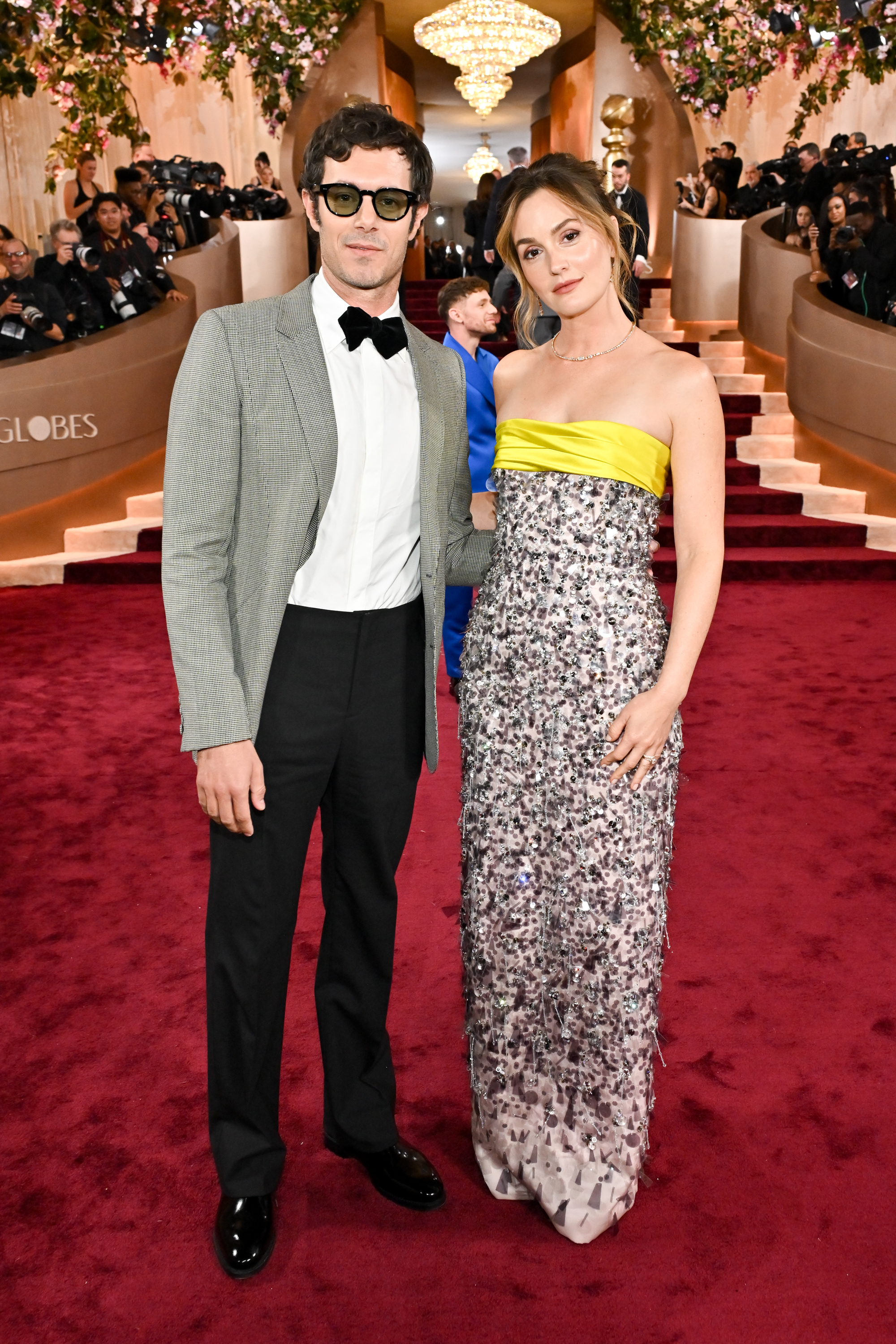 Leighton Meester wears a Miu Miu dress and Kendra Scott jewelry on the 2026 Golden Globes red carpet.