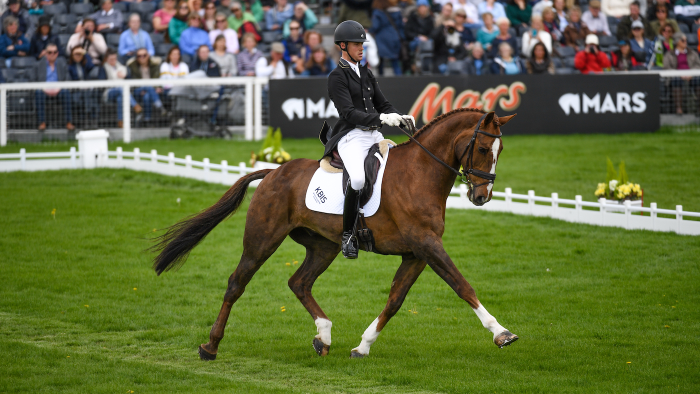 Tom Rowland riding Possible Mission for GBR during the dressage phase of the Badminton Horse Trials presented by MARS Equestrian, held on the park land around Badminton House in the village of Badminton near Malmesbury in Gloucestershire in the UK, between 4th - 8th May 2023