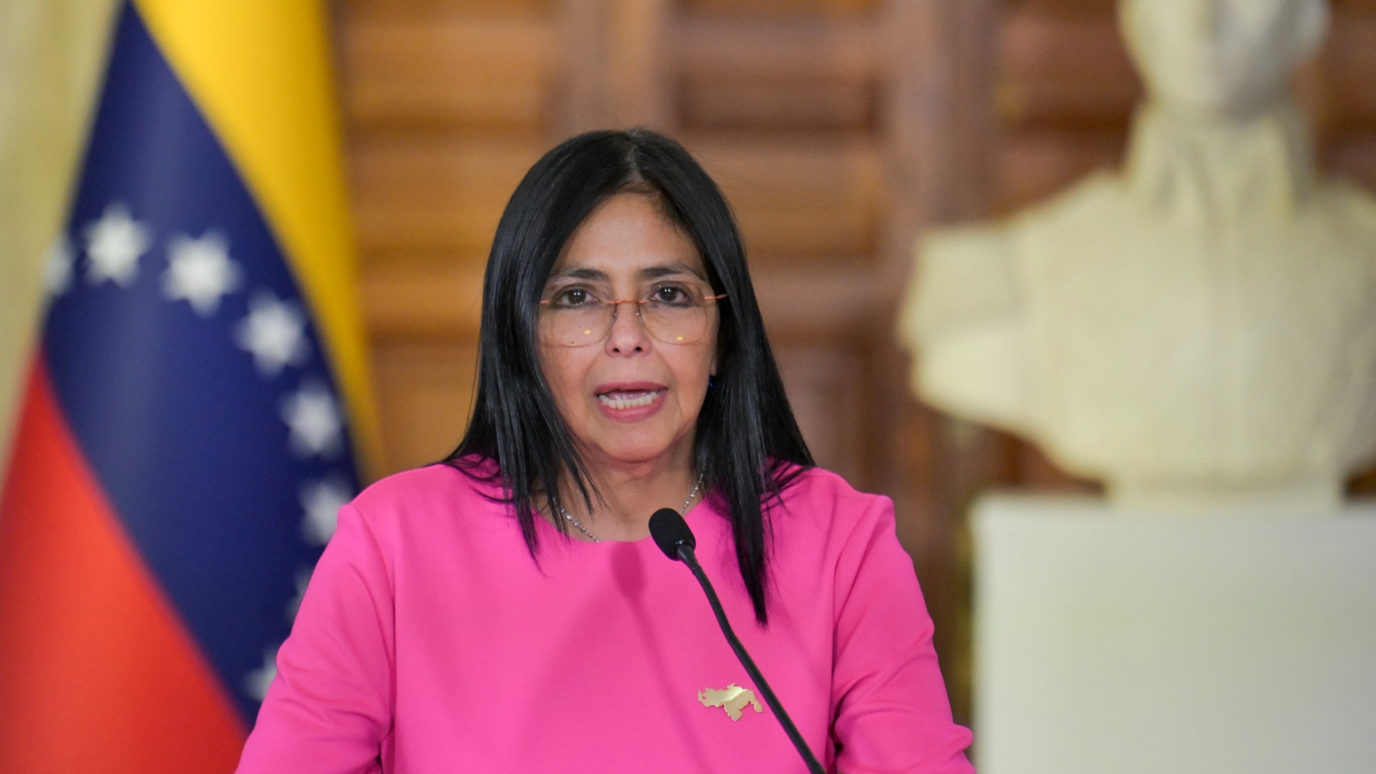 Then-Venezuelan Vice President Delcy Rodr&iacute;guez gives a speech in Caracas, Venezuela.