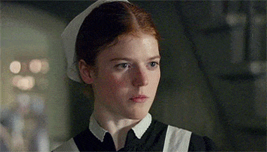 Rose Leslie mouthing the word "What" in a Downton Abbey scene.