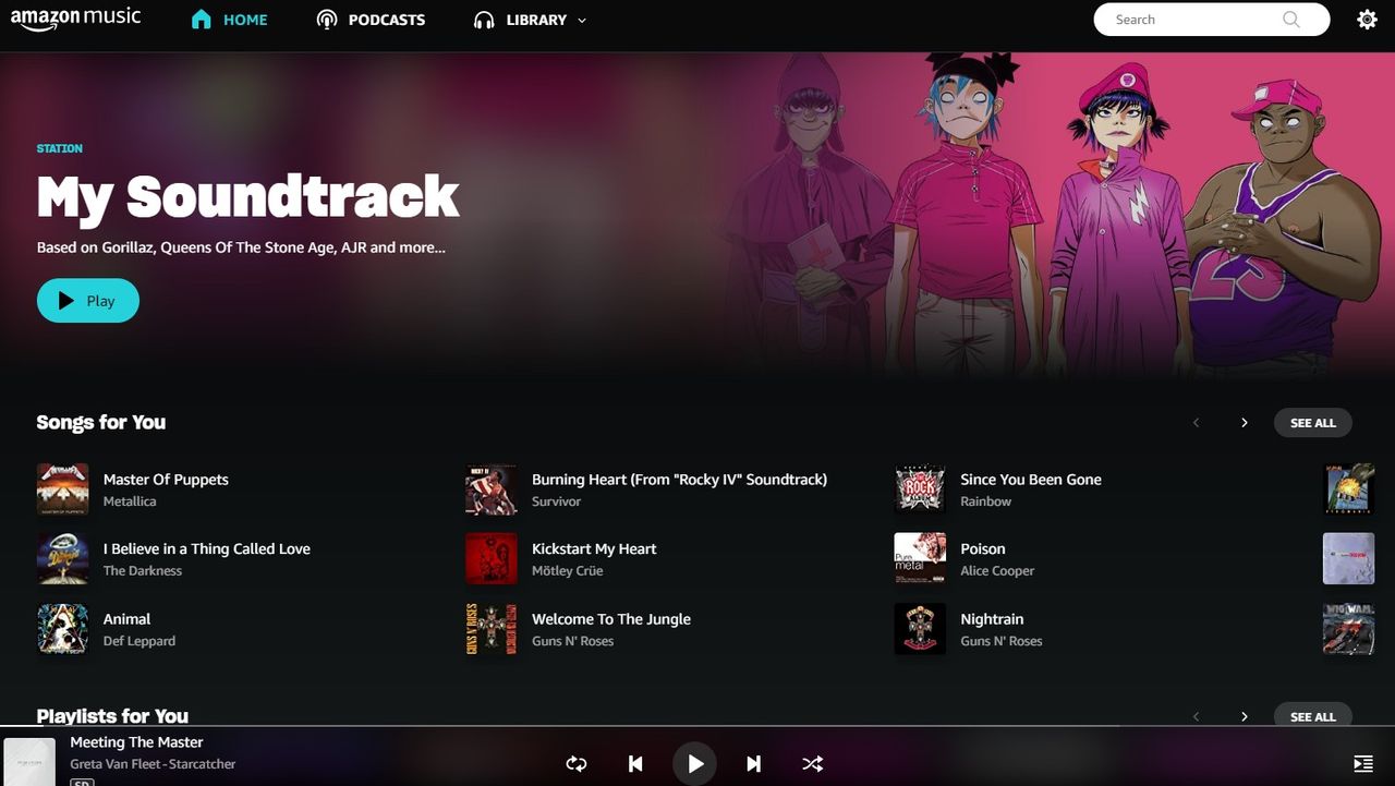 Amazon Music Screenshot on desktop featuring Gorillaz