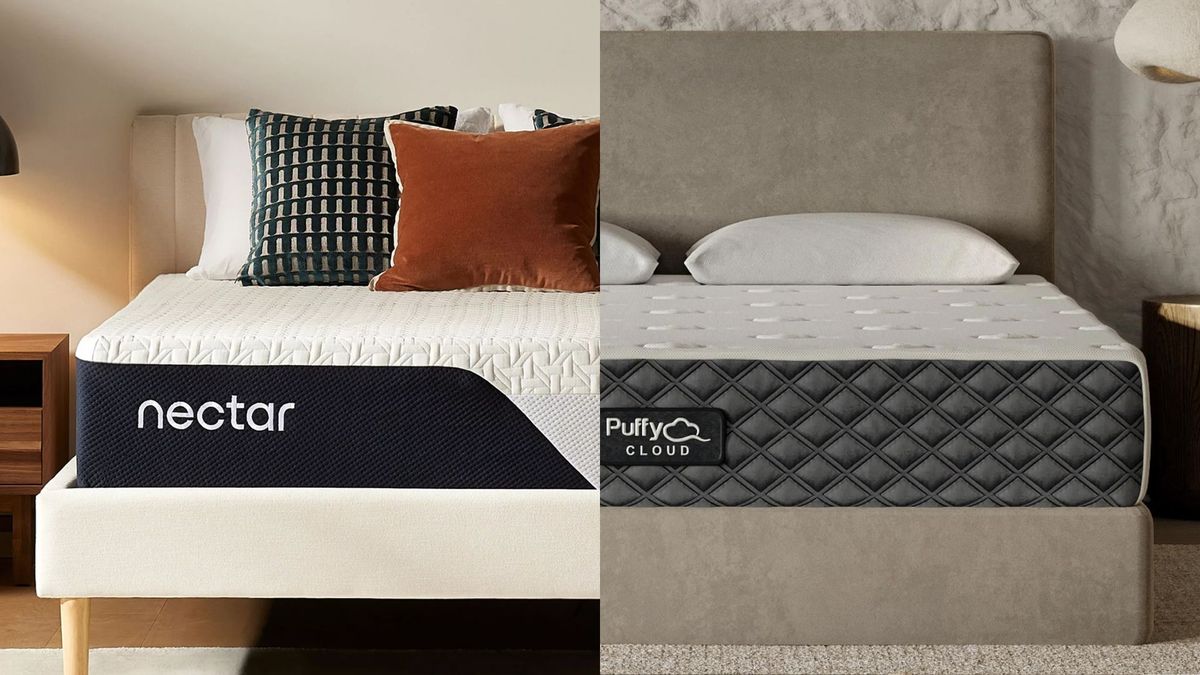 The image shows the Nectar Classic Memory Foam mattress on the left and the Puffy Cloud Hybrid mattress on the right