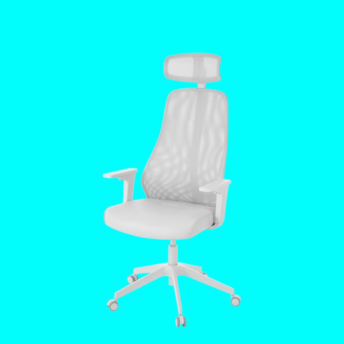 An image of an Ikea Matchspel office chair against a light blue background.
