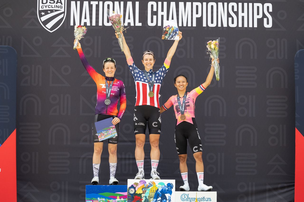 Women's Elite Podium - runner-up Ruth Winder (Human Powered Health), winner Kristen Faulkner (EF Education-Cannondale) and third place Coryn Labecki (EF Education-Cannondale)