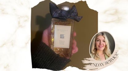 A hand holding a bottle of Jo Malone London Vanilla Scotch eau de cologne
