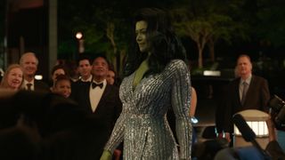 She-Hulk attends a gala dinner in a silver dress in her Marvel Disney Plus show