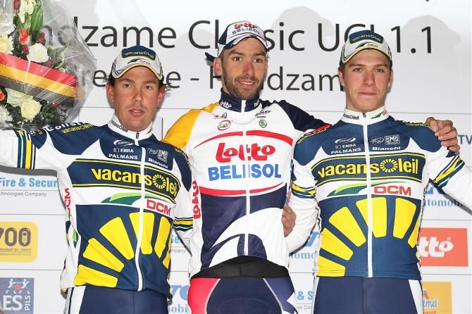 2013 Handzame Classic podium (L-R): Kenny van Hummel, 2nd; Kenny Dehaes, 1st; Danny van Poppel, 3rd