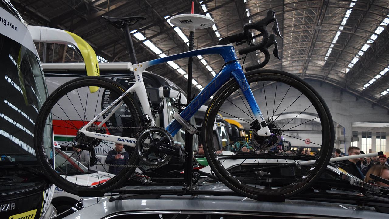 European champion Matteo Trentin had his custom-painted Scott Foil as a spare bike on the team car