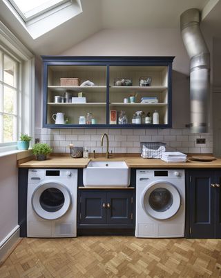 how to organize a laundry room with with blue cabinets and shelving by Martin Moore