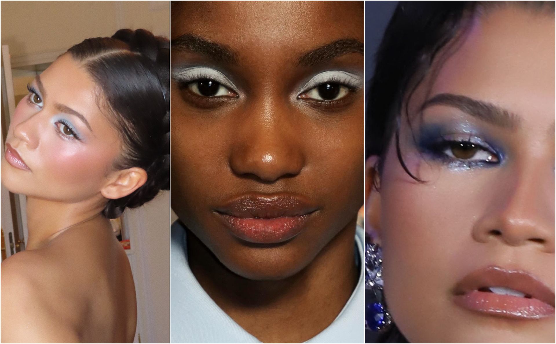 Blue eyeshadow three ways, soft powder blue on the left, an icy pale shade across the middle lids and smoky navy with silver shimmer on the right