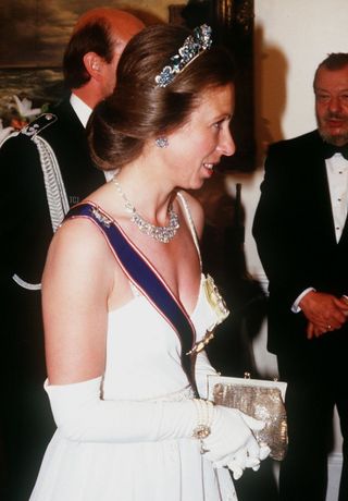 Princess Anne wearing the original Aquamarine Pineflower Tiara