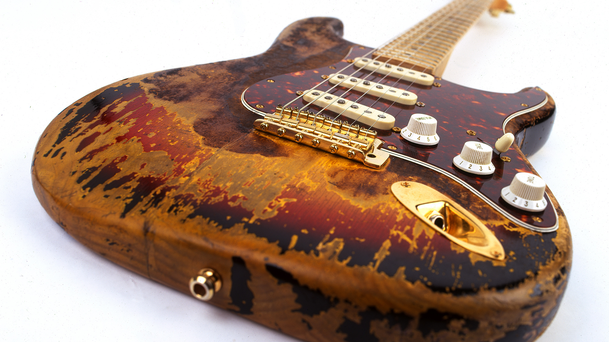 Jimi Hendrix's Stratocaster burnt at the 1968 Miami Pop Festival and given to Frank Zappa and in turn owned by Dweezil Zappa.