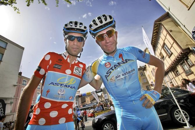 Astana's Vincenzo Nibali and Lieuwe Westra are all smiles at the start of stage two