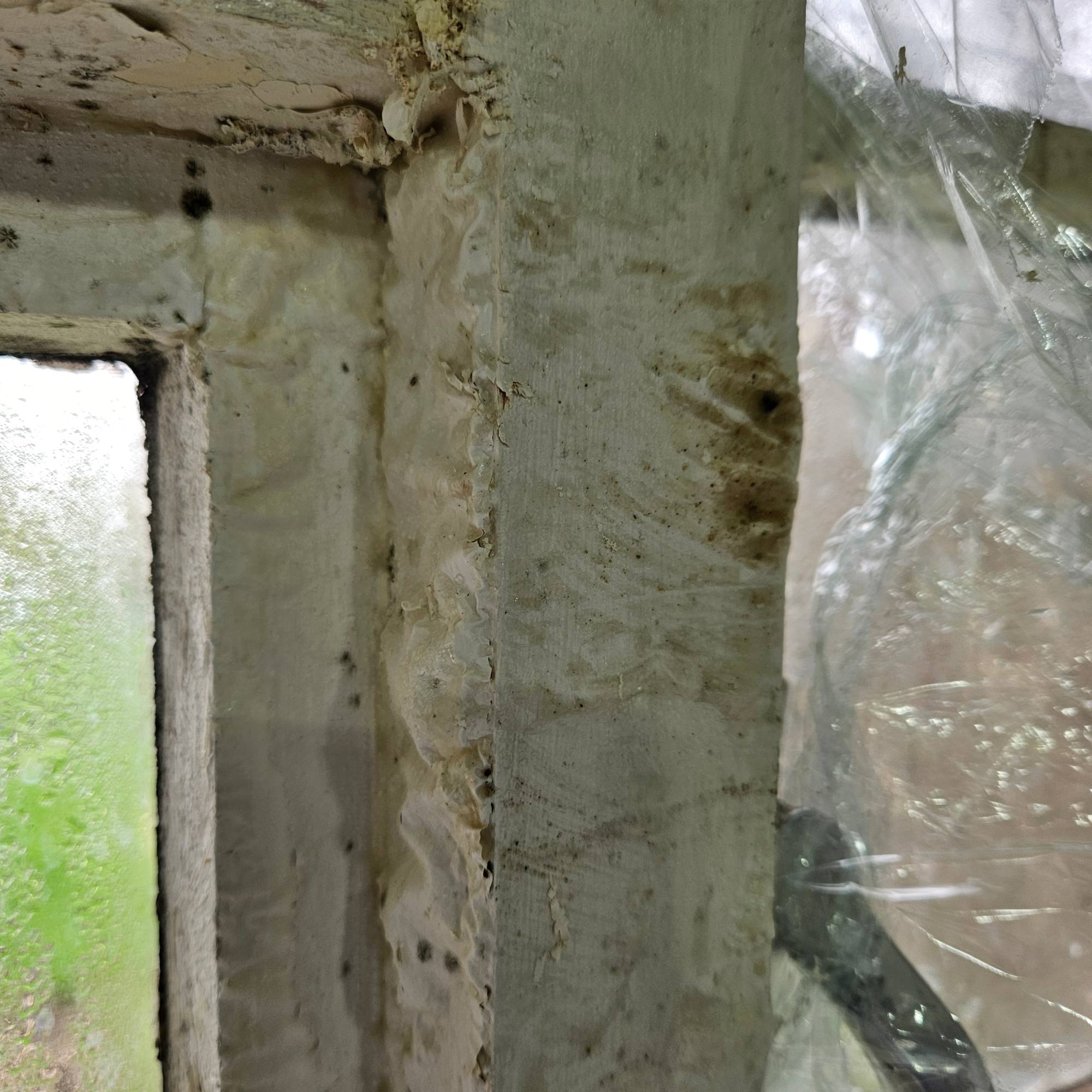 paint from window being removed by paint stripper