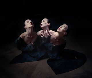 A composite image of a woman on the ground in different poses
